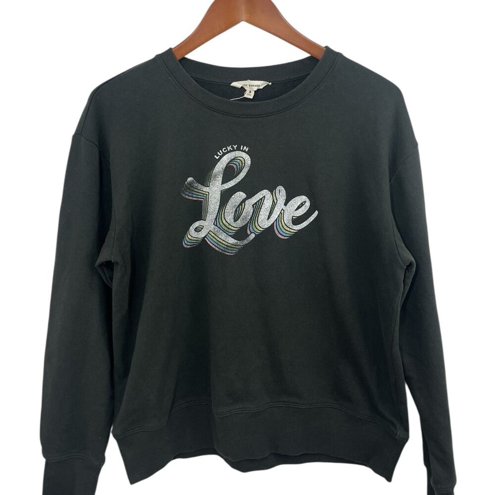 Lucky Brand Women Gray Lucky In Love Graphic Medium Crew Sweatshirt Boho